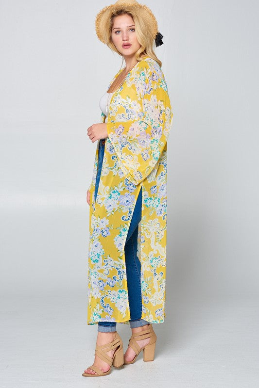 LD {Floral Daydream} Yellow Floral Sheer Duster Kimono PLUS SIZE 1X 2X 3X