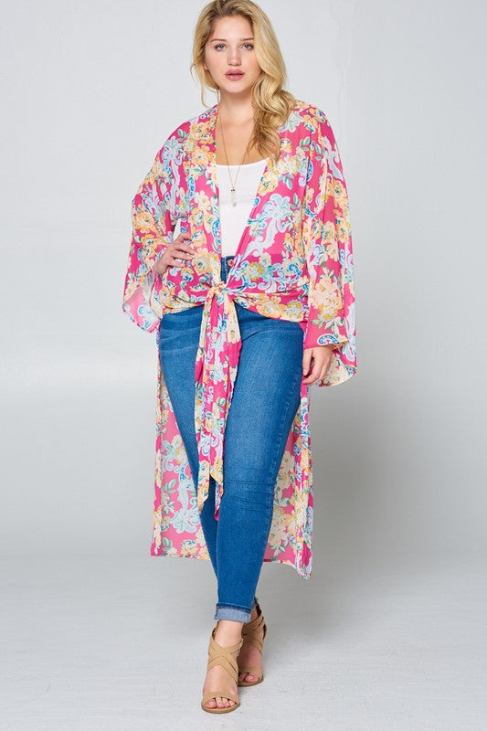 LD {Floral Daydream} Hot Pink Floral Sheer Duster Kimono PLUS SIZE 1X 2X 3X