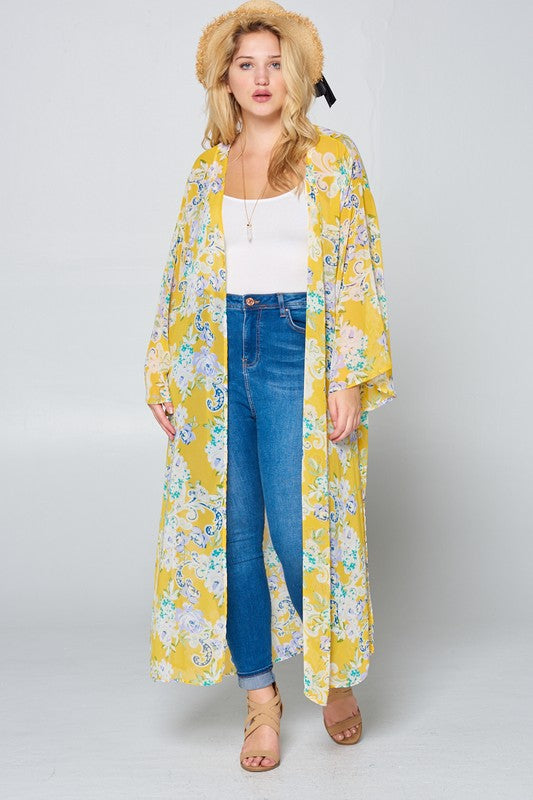 LD {Floral Daydream} Yellow Floral Sheer Duster Kimono PLUS SIZE 1X 2X 3X