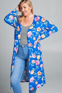 LD {Make A Choice} Royal Blue Floral Long Knit Cardigan PLUS SIZE 1X 2X 3X