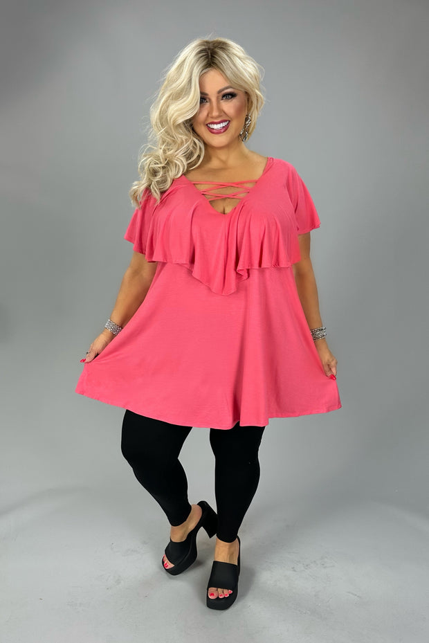 20 SSS {Hold Back Time} Coral Double Cross Neck Top CURVY BRAND PLUS SIZE 1X 2X 3X 4X 5X 6X