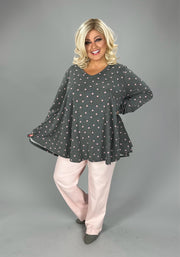 56 PLS {Cozy Kisses} Gray V-Neck  Top with Pink Dots  EXTENDED PLUS SIZE 3X 4X 5X