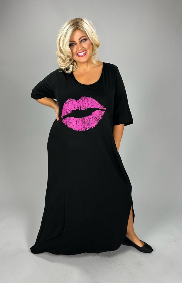 LD-L {Make People Notice} Black/Fuchsia Lips Maxi Dress CURVY BRAND!!!  PLUS SIZE XL 2X 3X 4X 5X 6X