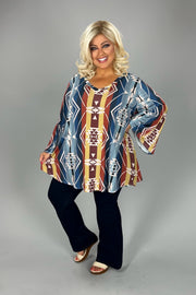 38 PQ  [Sunrise to Sunset} Blue Tan Aztec Print V-Neck Tunic  EXTENDED PLUS SIZE 3X 4X 5X