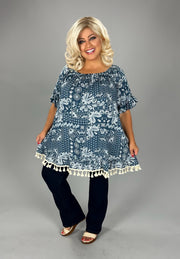 21 OS {Wish You Well} Teal Off Shoulder Paisley Top w/Fringe  CURVY BRAND!!!  PLUS SIZE 1X 2X 3X