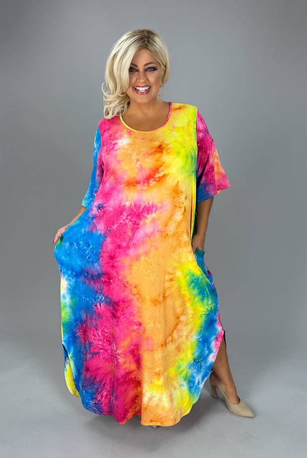 SALE!! LD-T {Free To Flirt} Fuchsia/Blue Tie Dye Maxi Dress CURVY BRAND!!!  PLUS SIZE XL 2X 3X