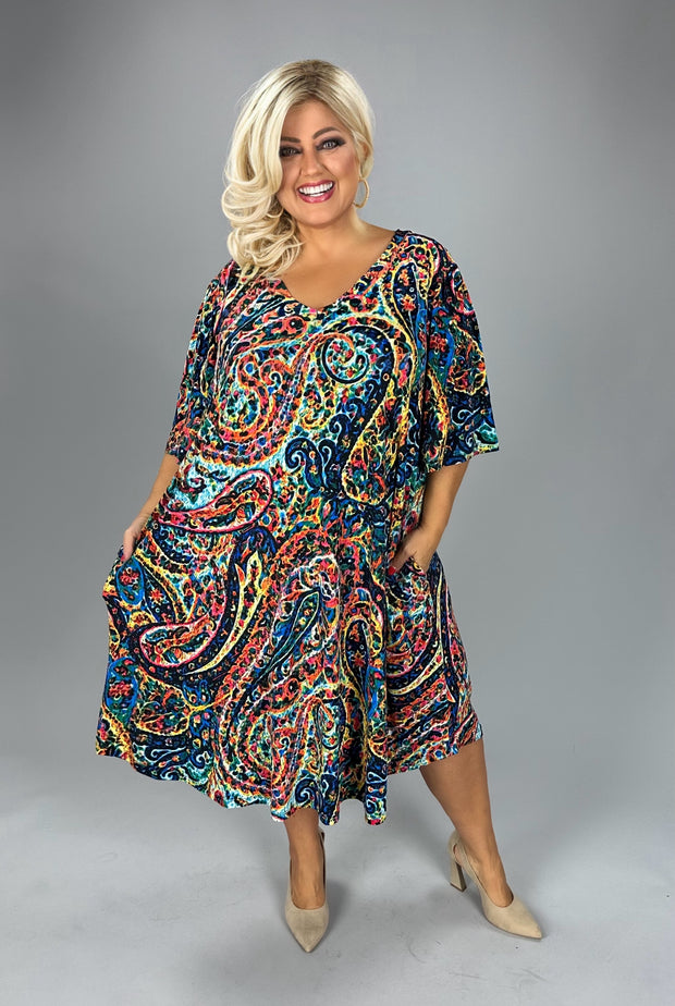 81 PSS {Easy To Read} Multi-Color Paisley Print V-Neck Dress EXTENDED PLUS SIZE 3X 4X 5X