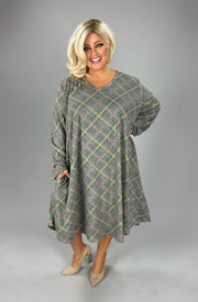 23 PLS {New Found Strength} Olive Plaid Print V-Neck Dress EXTENDED PLUS SIZE 4X 5X 6X