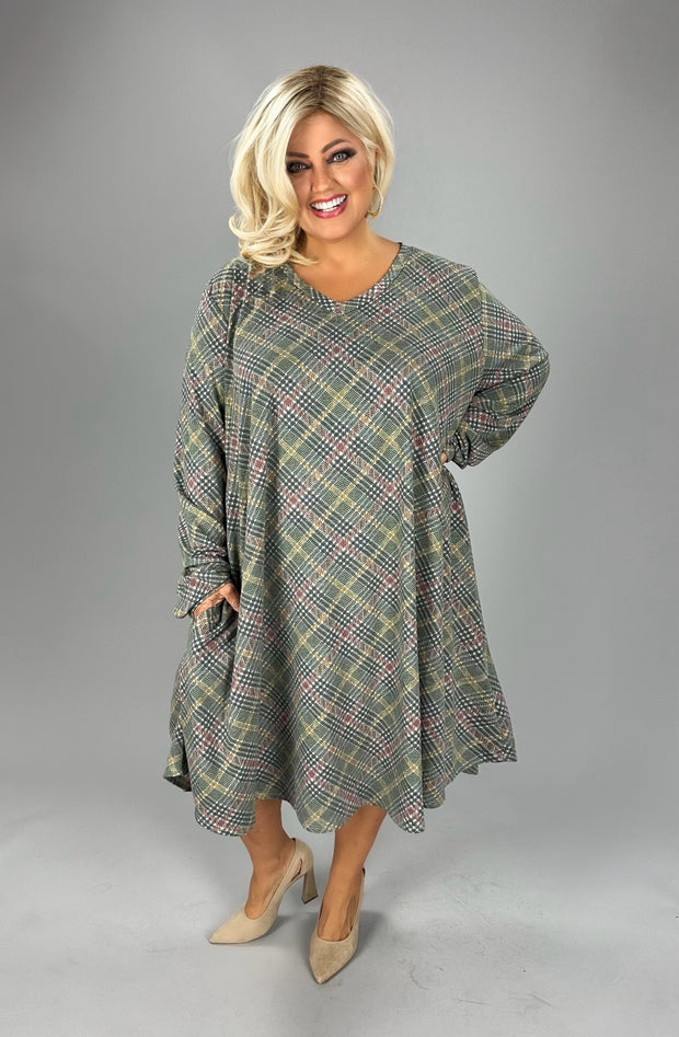 23 PLS {New Found Strength} Olive Plaid Print V-Neck Dress EXTENDED PLUS SIZE 4X 5X 6X