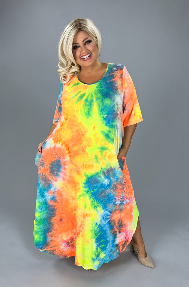 LD-U {My Only Vice} Blue/Orange Tie Dye Maxi Dress CURVY BRAND!!!  EXTENDED PLUS SIZE XL 2X 3X 4X 5X 6X