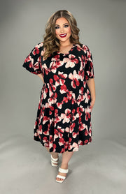 39 PSS-N {Hard To Beat} Black/Red Floral Print V-Neck Dress EXTENDED PLUS SIZE 3X 4X 5X