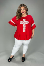 40 SD-V {Mighty Cross} Red/Ivory Lace Cross & Sleeve Detail Top CURVY BRAND!!!  XL 2X 3X 4X 5X 6X (May Size Down 1 Size)