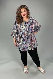 37 PQ {Hold My Hand} Black Blue Multi Print Babydoll Top EXTENDED PLUS SIZE 3X 4X 5X