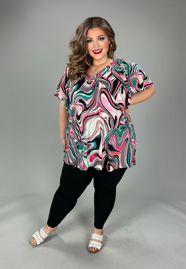 45 PSS {Swirl Envy} Teal/Pink Swirl Print V-Neck Top EXTENDED PLUS SIZE 4X 5X 6X