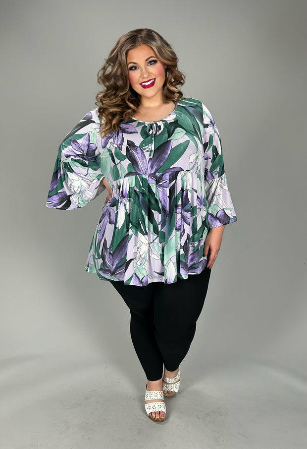 61 PQ {Good For Me} Green Purple Floral Tie Neck Top EXTENDED PLUS SIZE 3X 4X 5X