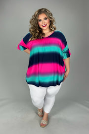 39 PSS {Say Less} Hot Pink Mint Navy Stripe Ruffle Sleeve Top EXTENDED PLUS SIZE 4X 5X 6X