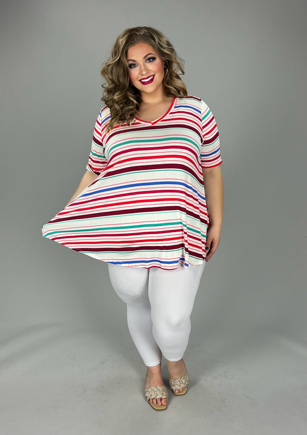 45 PSS {Take It Easy} Ivory Multi Stripe V-Neck Short Sleeve Top EXTENDED PLUS SIZE 3X 4X 5X