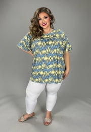 30 PSS {Positive Influence} Yellow/Blue Zig-Zag Print Top EXTENDED PLUS SIZE 4X 5X 6X  (Size Up 1 Size)