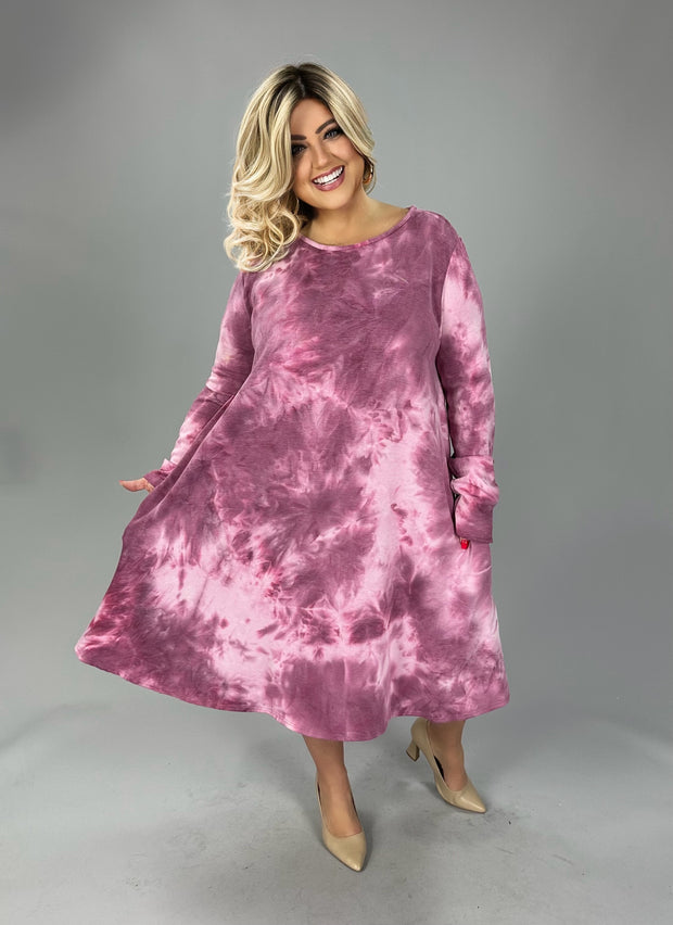 49 PLS {Rope The Moon} Magenta Tie Dye Long Sleeve Dress EXTENDED PLUS SIZE 3X 4X 5X