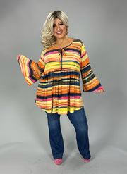 22 PLS {Sunset Talks} Yellow Stripe Bell Sleeve Neck Detail Top EXTENDED PLUS SIZE 3X 4X 5X