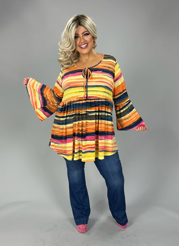 22 PLS {Sunset Talks} Yellow Stripe Bell Sleeve Neck Detail Top EXTENDED PLUS SIZE 3X 4X 5X