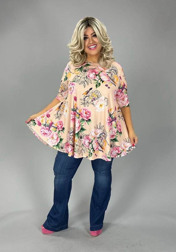 30 PSS {A Birdie Told Me} Peach/Pink Floral Bird Print Top EXTENDED PLUS SIZE 3X 4X 5X