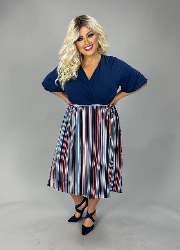 49 CP {Certain About It} Navy Stripe Contrast Dress w/Belt PLUS SIZE 1X 2X 3X