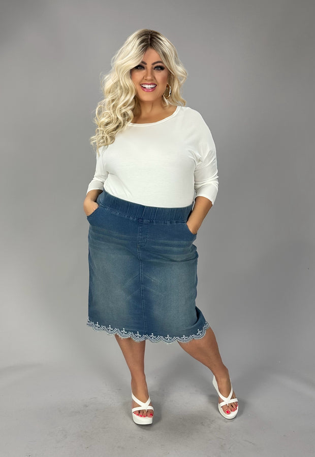 LEG-16 {Putting It Simply} Denim Embroidered Skirt EXTENDED PLUS SIZE 4X 5X