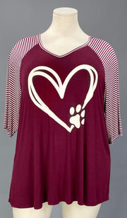 SALE!! 29 GT {Paw Heart} Burgundy w/ Striped Sleeve Graphic Tee PLUS SIZE XL 2X 3X 4X 5X  6X