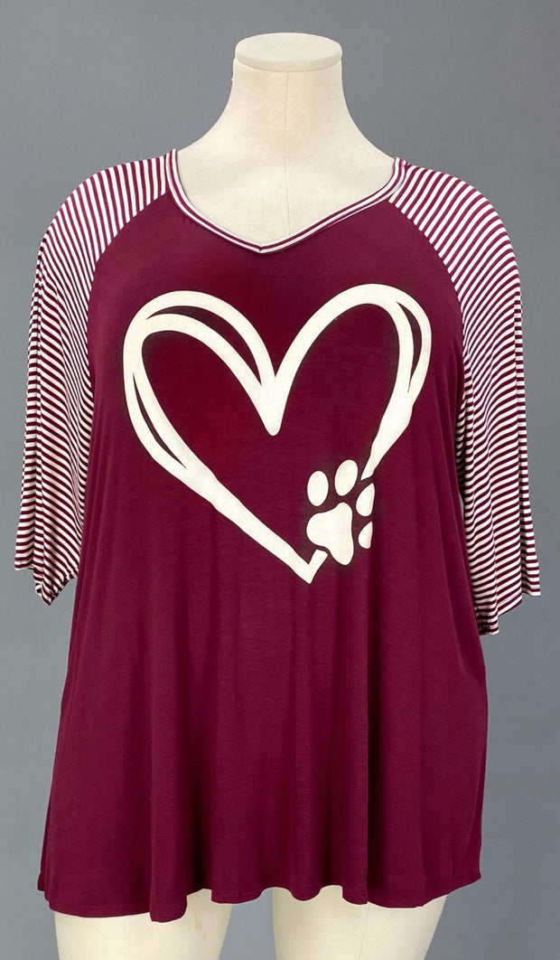 29  GT {Paw Heart} Burgundy w/ Striped Sleeve Graphic Tee  PLUS  SIZE XL 2X 3X 4X 5X  6X