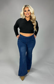 19 SLS-E  {Sparks Will Fly} Black Ribbed Front Wrap Top  PLUS SIZE 1X 2X 3X