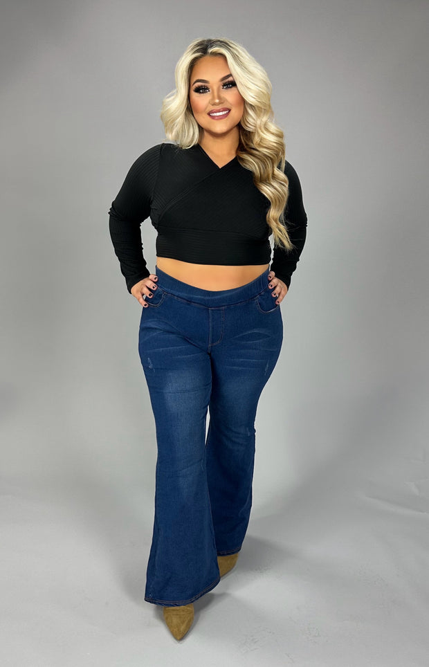 19 SLS-E {Sparks Will Fly} Black Ribbed Front Wrap Top PLUS SIZE 1X 2X 3X