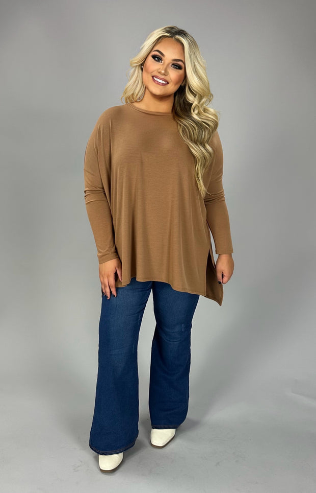 SALE!! 35 SLS-H  {Hold Me Near} Deep Camel Long Sleeve Top PLUS SIZE 1X 2X 3X