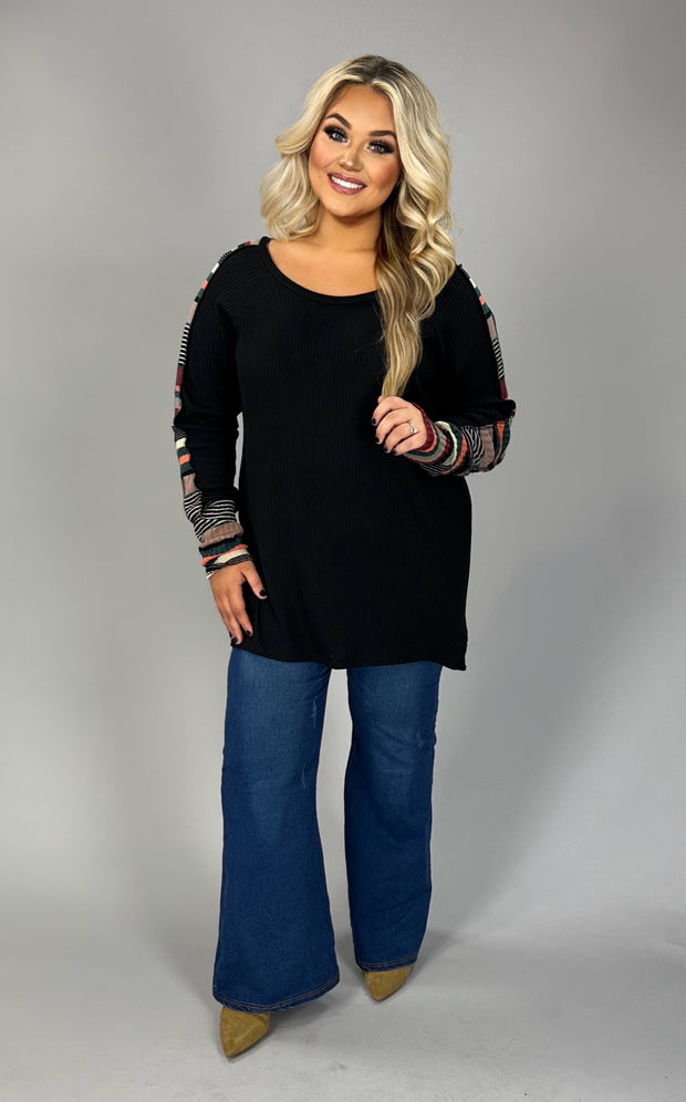 SALE!! 71 CP-J {No Rules} Black Ribbed Top  w/Striped Contrast PLUS SIZE XL 2X 3X