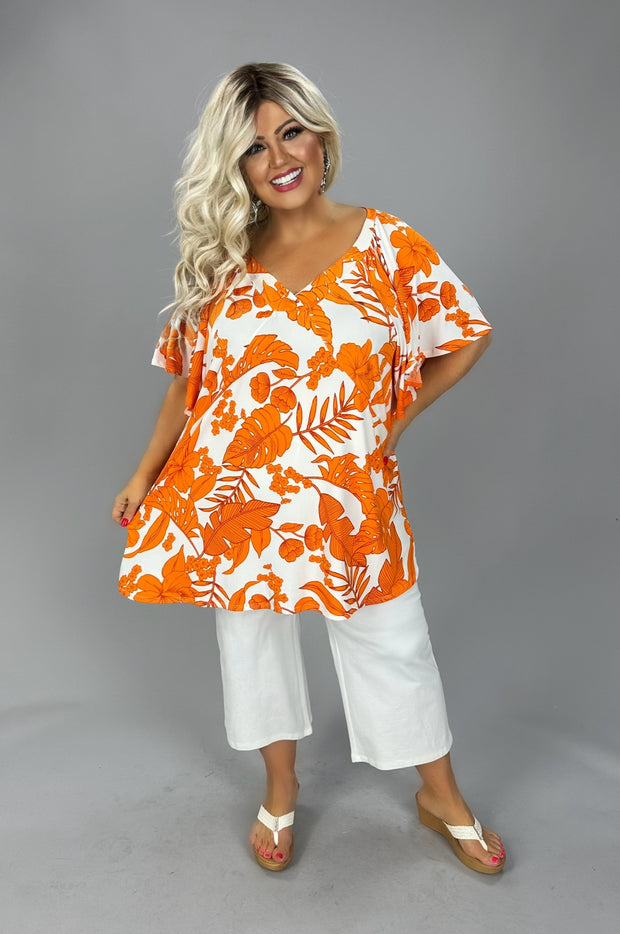 48 PSS {New Attitude} Orange Floral & Leaf Print Top EXTENDED PLUS SIZE 4X 5X 6X