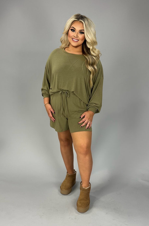 21 SET-K {The Good Life} Light Olive Long Sleeve Short Set PLUS SIZE 1X 2X 3X