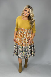 46 CP-C {Bohemian Dreams} Mustard Floral Contrast Dress PLUS SIZE XL 2X 3X