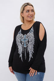 SALE!! 21 OS {Angel Wings} Vocal Black Cold Shoulder Cross Graphic Top PLUS SIZE 1X 2X 3X