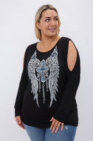 21 OS {Angel Wings} Vocal Black Cold Shoulder Cross Graphic Top PLUS SIZE 1X 2X 3X