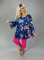 45 PQ {Only Memories} Navy Pink Floral Bell Sleeve Top EXTENDED PLUS SIZE 3X 4X 5X