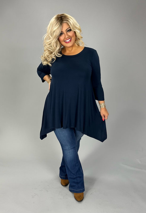 30 SQ  {Easy To Imagine} Navy Quarter Sleeve Asymmetrical Top PLUS SIZE XL 2X 3X