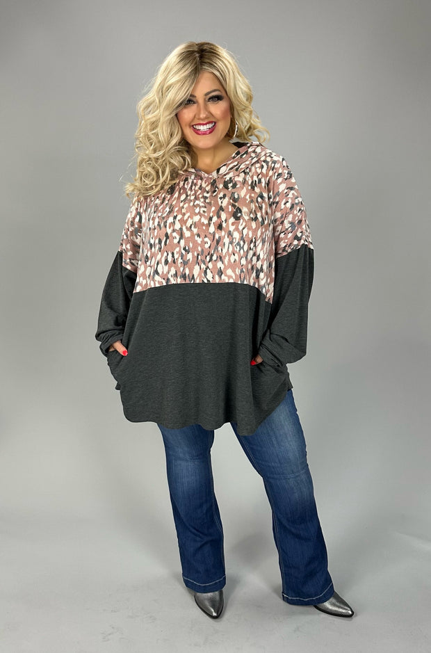 22 HD {Always Warm} Charcoal/Mauve Leopard  Hoodie EXTENDED PLUS SIZE 4X 5X 6X