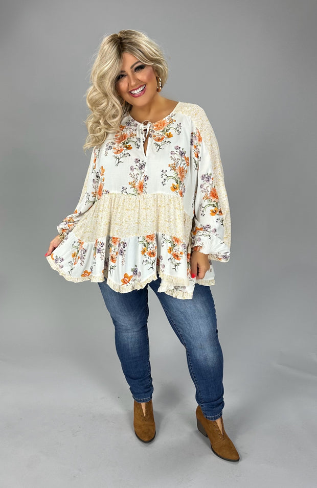 31 PLS {Undoubtedly Charming} Ivory/Yellow Floral Top  w/Tie Detail  EXTENDED PLUS  SIZE 4X