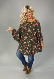 17 PQ {Delicate Perfection} Olive/Rust Floral Print Top EXTENDED PLUS 3X 4X 5X