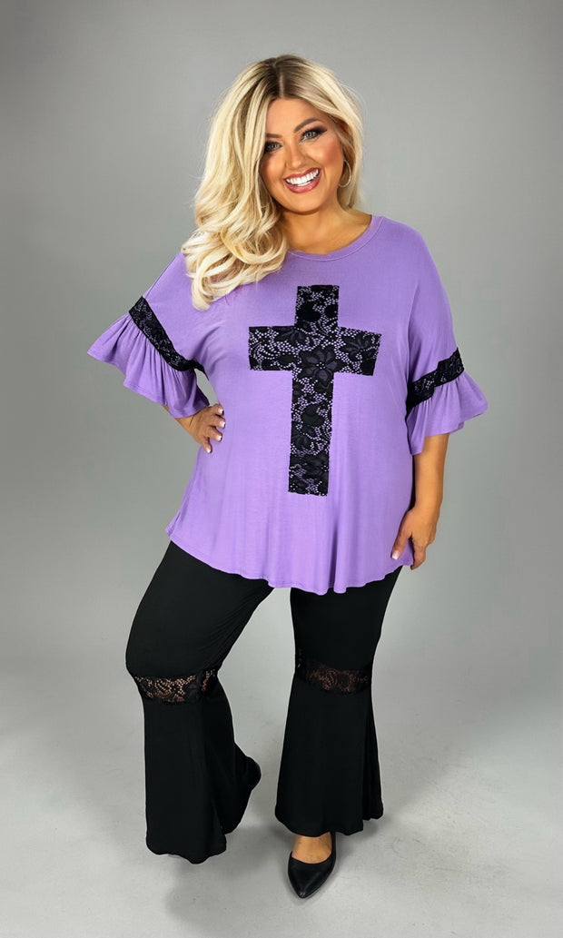 44 SD-S {At The Cross} Lilac/Black Lace Cross & Sleeve Detail Top PLUS SIZE XL 2X 3X 4X 5X 6X