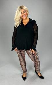 18 SLS {A Little Drama}  V-Neck Black Collared Top w/Sheer Sleeves PLUS SIZE XL 2X 3X