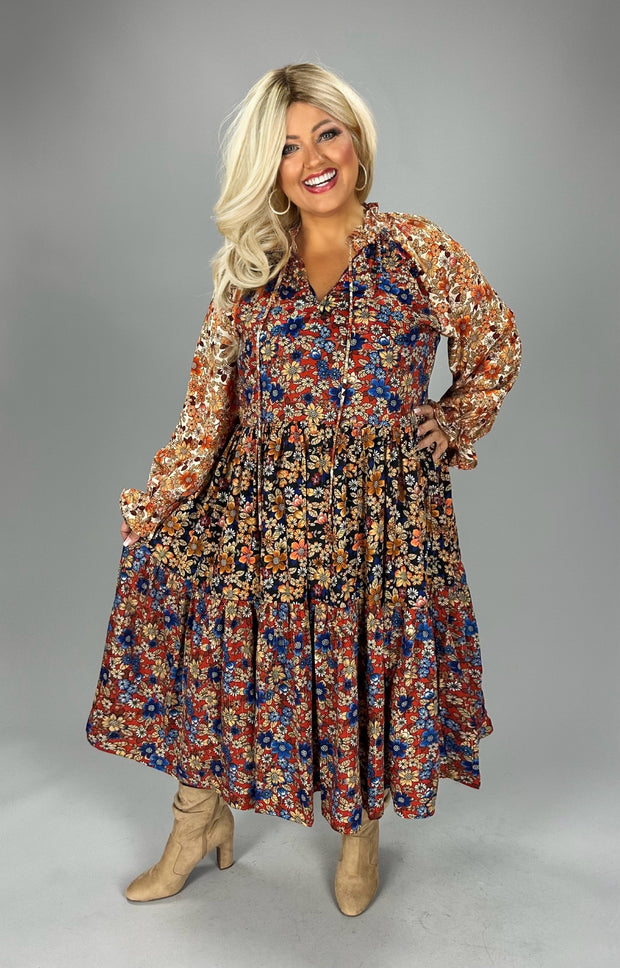 LD-S {Another Chance To Shine} Umgee Brick Metallic Floral Dress PLUS SIZE XL 1X 2X