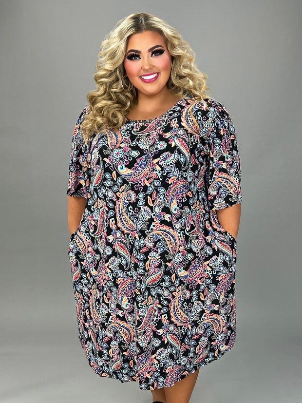 91 PSS {Enticing Looks} Black Paisley Print Dress w/Pockets EXTENDED PLUS SIZE 3X 4X 5X