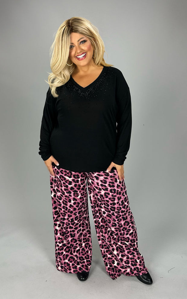 LEG-5 {Call It A Hunch} Cranberry Leopard Wide Leg Pants PLUS SIZE 1X 2X 3X