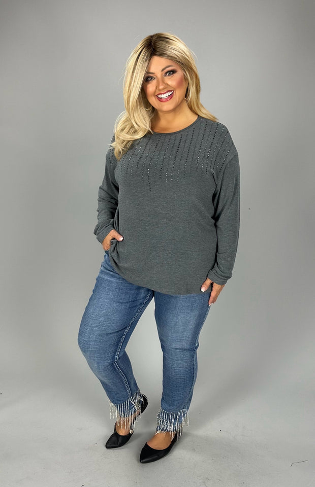 SALE!! 28 SLS [Classy All Around} VOCAL  Studded Gray Round Neck Top PLUS SIZE 1X 2X 3X